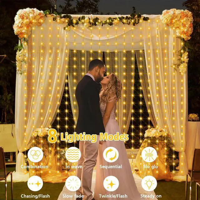 Alt view image 6 of 7 - Solar Curtain Lights 7.9ft x 6ft 144 LED Outdoor Curtain Lights Waterproof with Timer 8 Modes for Christmas Garden Patio Fence Wedding Wall Window Gazebo Decor - Warm White