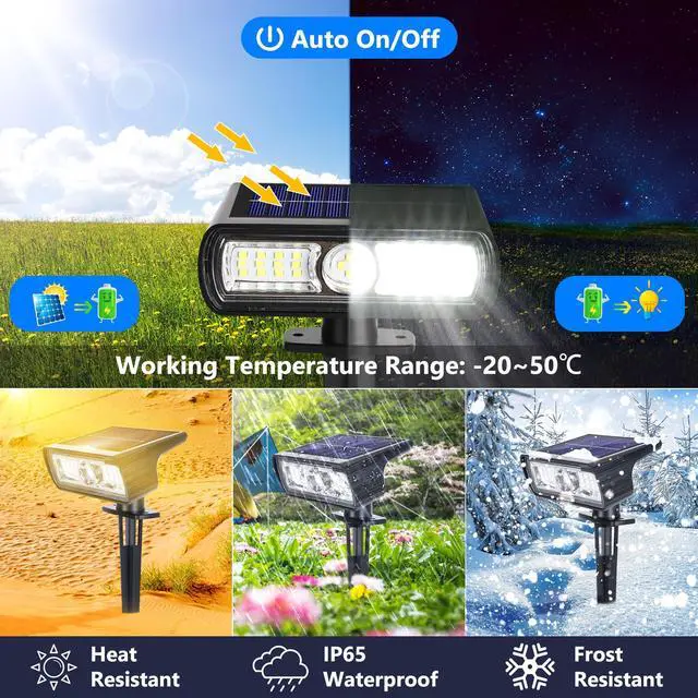 Alt view image 3 of 7 - Solar Spot Light Outdoor, 2 Pack Solar Lights Outdoor with 2 Modes, Waterproof Solar Powered Flood Lights Landscape Lighting for Yard Garden Home Pathway Walkway Outdoor Decor - Cool White