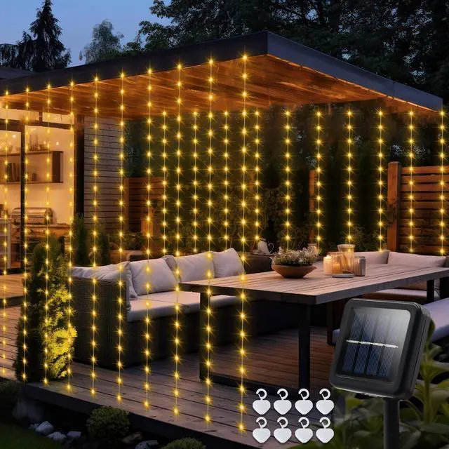 Main image of Solar Curtain Lights 7.9ft x 6ft 144 LED Outdoor Curtain Lights Waterproof with Timer 8 Modes for Christmas Garden Patio Fence Wedding Wall Window Gazebo Decor - Warm White