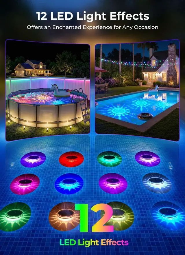 Alt view image 2 of 7 - Floating-Solar-Pool-Lights 2 Pack, RGBWW 12 Lighting Modes 3 Dimming & Timing IP68 Waterproof with Remote Control Solar Floating Pool Lights for Above Ground Pools Inground Pools Accessories
