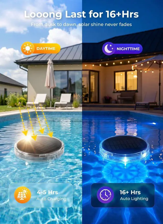 Alt view image 4 of 7 - Floating-Solar-Pool-Lights 2 Pack, RGBWW 12 Lighting Modes 3 Dimming & Timing IP68 Waterproof with Remote Control Solar Floating Pool Lights for Above Ground Pools Inground Pools Accessories