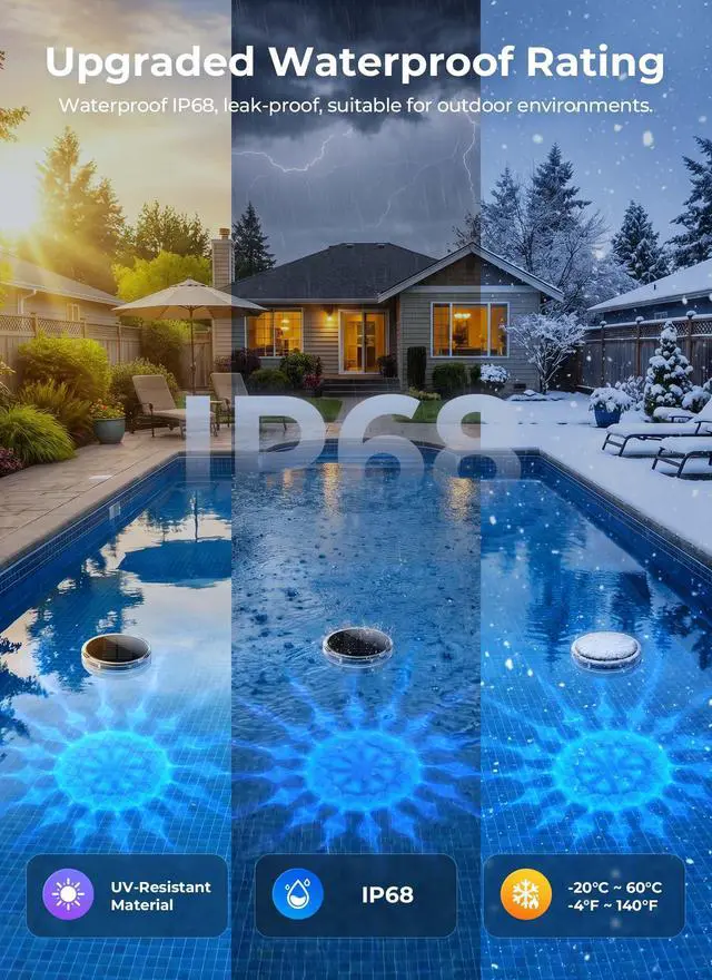 Alt view image 5 of 7 - Floating-Solar-Pool-Lights 2 Pack, RGBWW 12 Lighting Modes 3 Dimming & Timing IP68 Waterproof with Remote Control Solar Floating Pool Lights for Above Ground Pools Inground Pools Accessories