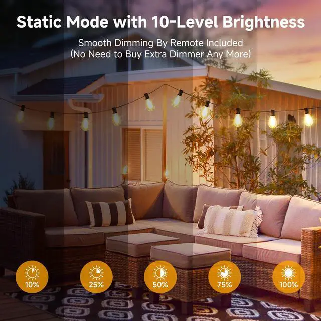 Alt view image 4 of 5 - 25FT Solar String Lights with Remote, 3 Lighting Mode Outdoor Waterproof Dimmable Patio Lights String with 10+1 Shatterproof S11 LED Bulbs for Backyard-Black