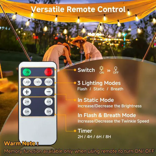 Alt view image 2 of 5 - 25FT Solar String Lights with Remote, 3 Lighting Mode Outdoor Waterproof Dimmable Patio Lights String with 10+1 Shatterproof S11 LED Bulbs for Backyard-Black