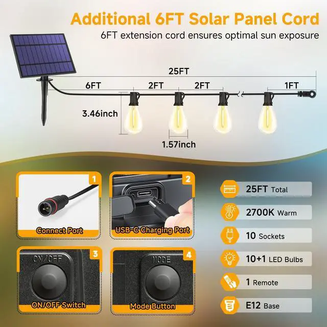 Alt view image 3 of 5 - 25FT Solar String Lights with Remote, 3 Lighting Mode Outdoor Waterproof Dimmable Patio Lights String with 10+1 Shatterproof S11 LED Bulbs for Backyard-Black