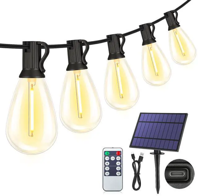 Main image of 25FT Solar String Lights with Remote, 3 Lighting Mode Outdoor Waterproof Dimmable Patio Lights String with 10+1 Shatterproof S11 LED Bulbs for Backyard-Black