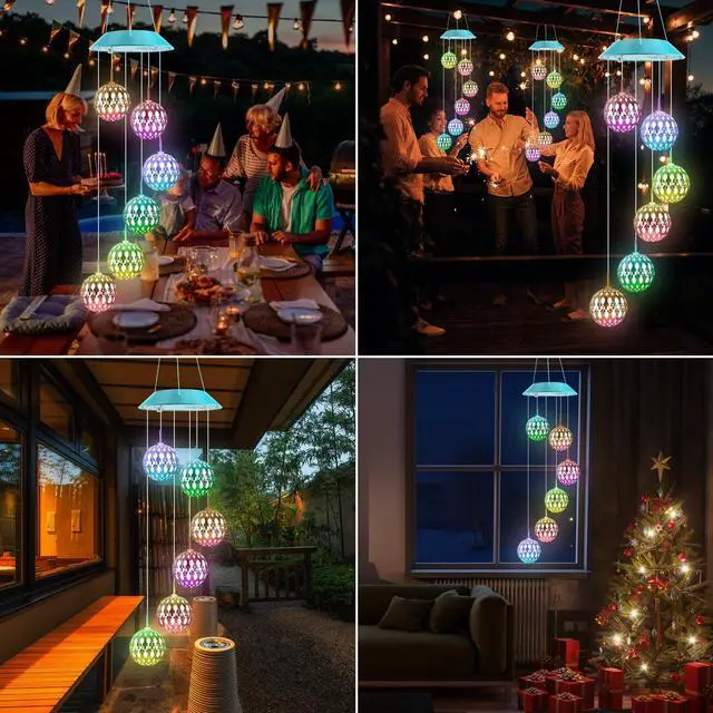 Alt view image 4 of 5 - Solar Moroccan Ball Gifts for Mom Grandma Girls, Color Changing Solar Wind Chimes for Outside, Outdoor Decorative Mobile Lights for Garden, Yard, Patio, Window, Party Décor
