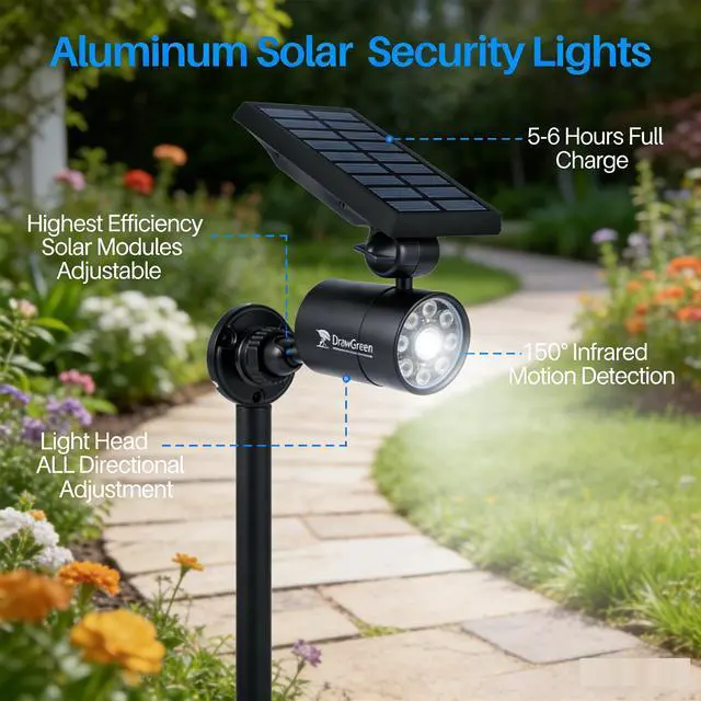 Alt view image 2 of 7 - Solar Motion Lights for Outside Aluminum case(Not plastic), Outdoor Solar Flood Security Spot lights 1400LM 9W LED(130W Equ.) Garden Step Deck Patio Post Porch, 100-Week FREE Refund/Replacement(Black)