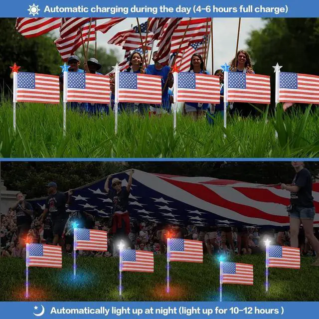 Alt view image 2 of 2 - 4th of July Decorations Outdoor American Flag Lights, 6-Pack Red White and Blue Solar Stars Lights with 6 USA Flags & 30LED,Bright Patriotic Pathway Lights for Memorial Day Yard Lawn Decor