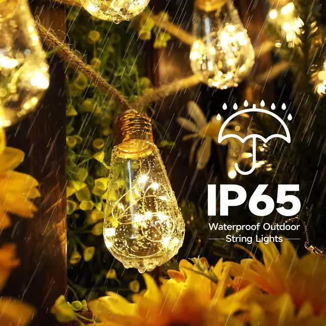 Alt view image 4 of 6 - Solar Outdoor String Lights, 20Ft Vintage Rope Hemp Solar Patio Lights, Waterproof Warm White Solar Powered String Lights With 8 Modes 16 Shatterproof Bulbs for Garden Fence Stairs Balcony Café Bistro