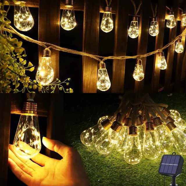 Main image of Solar Outdoor String Lights, 20Ft Vintage Rope Hemp Solar Patio Lights, Waterproof Warm White Solar Powered String Lights With 8 Modes 16 Shatterproof Bulbs for Garden Fence Stairs Balcony Café Bistro