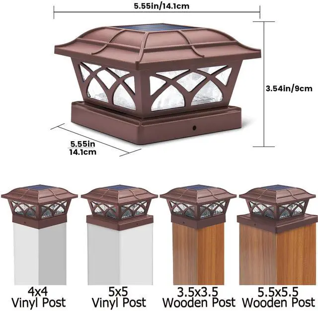 Alt view image 4 of 6 - Solar Post Cap Lights Outdoor Glass 2 Color Modes 8 LEDs for 4x4 5x5 6x6 Posts Deck Fence Patio Decoration Warm White & Cool White Lighting Brown (2 Pack)