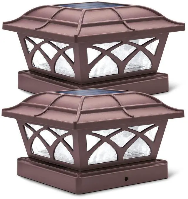 Main image of Solar Post Cap Lights Outdoor Glass 2 Color Modes 8 LEDs for 4x4 5x5 6x6 Posts Deck Fence Patio Decoration Warm White & Cool White Lighting Brown (2 Pack)