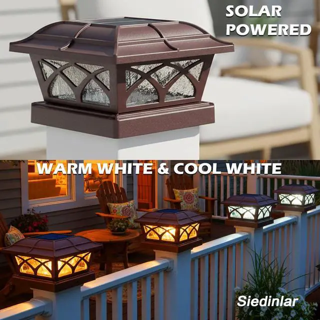 Alt view image 2 of 6 - Solar Post Cap Lights Outdoor Glass 2 Color Modes 8 LEDs for 4x4 5x5 6x6 Posts Deck Fence Patio Decoration Warm White & Cool White Lighting Brown (2 Pack)