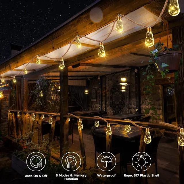 Alt view image 3 of 6 - Solar Outdoor String Lights, 20Ft Vintage Rope Hemp Solar Patio Lights, Waterproof Warm White Solar Powered String Lights With 8 Modes 16 Shatterproof Bulbs for Garden Fence Stairs Balcony Café Bistro