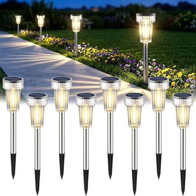 Main image of Solar Lights Outdoor Waterproof, 8 Pack Stainless Steel Tungsten Bulb Solar Pathway Lights Waterproof Garden Decor for Path Yard Lawn Walkway Driveway