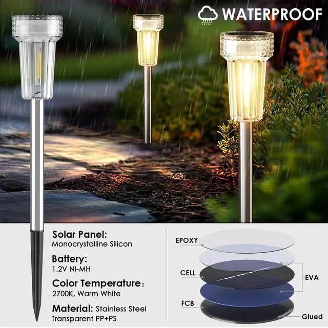Alt view image 2 of 6 - Solar Lights Outdoor Waterproof, 8 Pack Stainless Steel Tungsten Bulb Solar Pathway Lights Waterproof Garden Decor for Path Yard Lawn Walkway Driveway