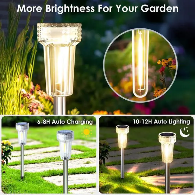 Alt view image 4 of 6 - Solar Lights Outdoor Waterproof, 8 Pack Stainless Steel Tungsten Bulb Solar Pathway Lights Waterproof Garden Decor for Path Yard Lawn Walkway Driveway