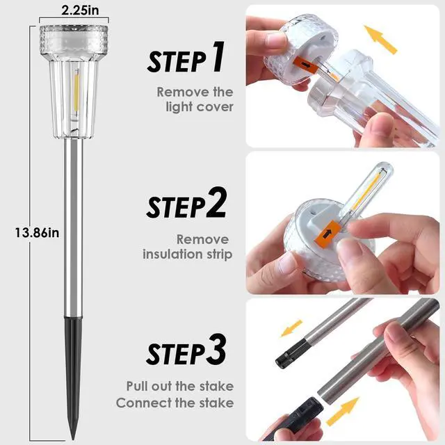 Alt view image 5 of 6 - Solar Lights Outdoor Waterproof, 8 Pack Stainless Steel Tungsten Bulb Solar Pathway Lights Waterproof Garden Decor for Path Yard Lawn Walkway Driveway