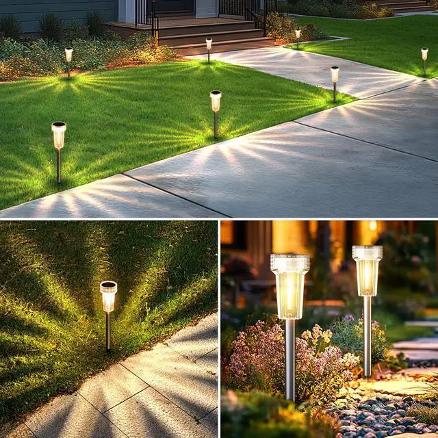 Alt view image 6 of 6 - Solar Lights Outdoor Waterproof, 8 Pack Stainless Steel Tungsten Bulb Solar Pathway Lights Waterproof Garden Decor for Path Yard Lawn Walkway Driveway