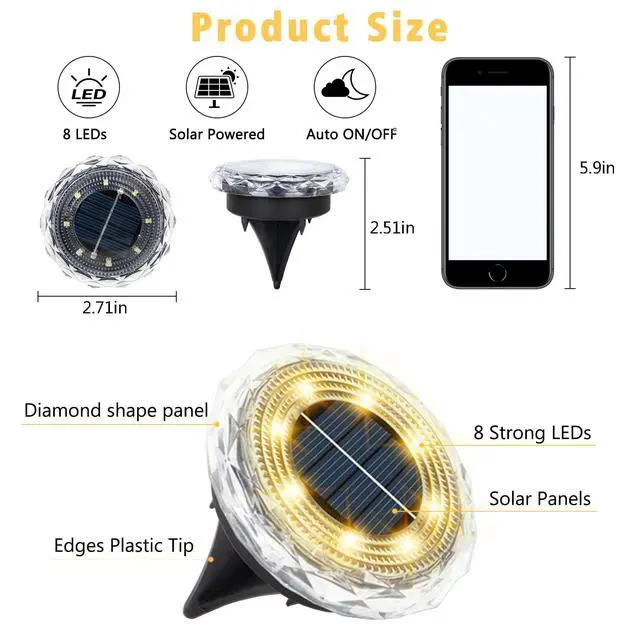 Alt view image 7 of 7 - 6 Pack Solar Ground Lights, Upgraded Solar Garden Lights Auto ON/Off Landscape Lighting Outdoor In-Ground Lights Waterproof Long Lasting for Pathway Walkway Patio (Warm White)