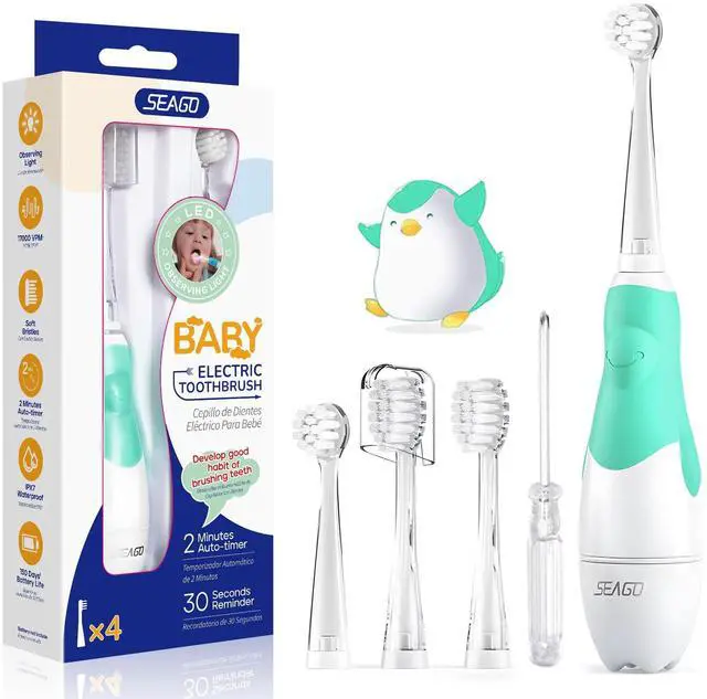 Main image of Baby Toothbrush Age 0-2-3 Years Old Electric Toddler Kids Battery Powered Sonic Tooth Brush with Timer LED Light and 4 Soft Brush Heads for 6 Months and Up SG513 (Baby Green)
