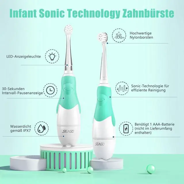 Alt view image 2 of 7 - Baby Toothbrush Age 0-2-3 Years Old Electric Toddler Kids Battery Powered Sonic Tooth Brush with Timer LED Light and 4 Soft Brush Heads for 6 Months and Up SG513 (Baby Green)