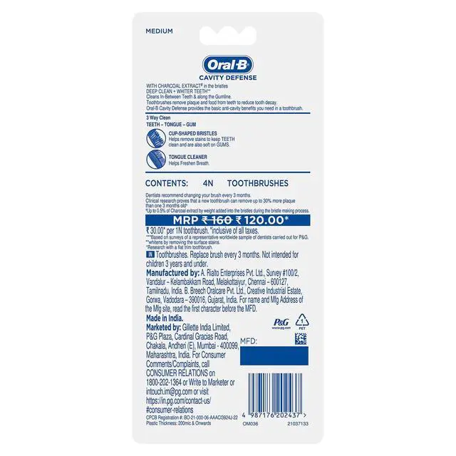 Alt view image 7 of 7 - Cavity Defense 123 Black Toothbrush Medium (Pack of 4)