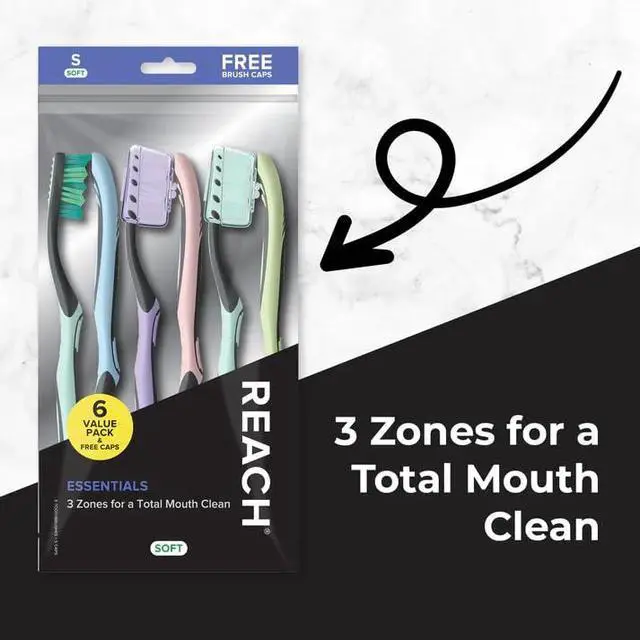 Alt view image 2 of 2 - Essentials Toothbrush with Toothbrush Caps, Multi-Zoned Angled Soft Bristles, Contoured Handle, Tongue Scraper, 6 Count
