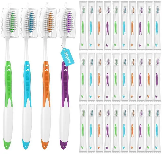 Main image of 30 Pack Bulk Toothbrushes with Covers, Individually Wrapped Tooth Brush Pack for Adults & Kids, Disposable Toothbrush Medium Soft for Travel, Donations, Hotels
