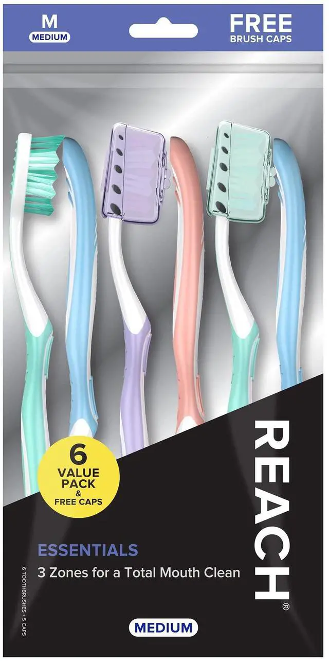 Main image of Essentials Toothbrush with Toothbrush Covers, Multi-Angled Medium Bristles, Contoured Handle, Tongue Scraper, 6 Count