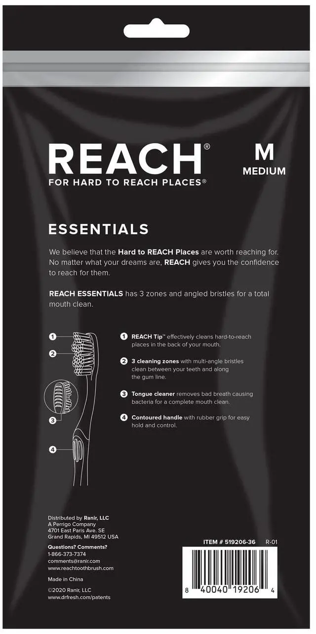 Alt view image 2 of 6 - Essentials Toothbrush with Toothbrush Covers, Multi-Angled Medium Bristles, Contoured Handle, Tongue Scraper, 6 Count