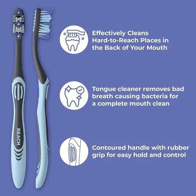 Alt view image 3 of 6 - Essentials Toothbrush with Toothbrush Covers, Multi-Angled Medium Bristles, Contoured Handle, Tongue Scraper, 6 Count