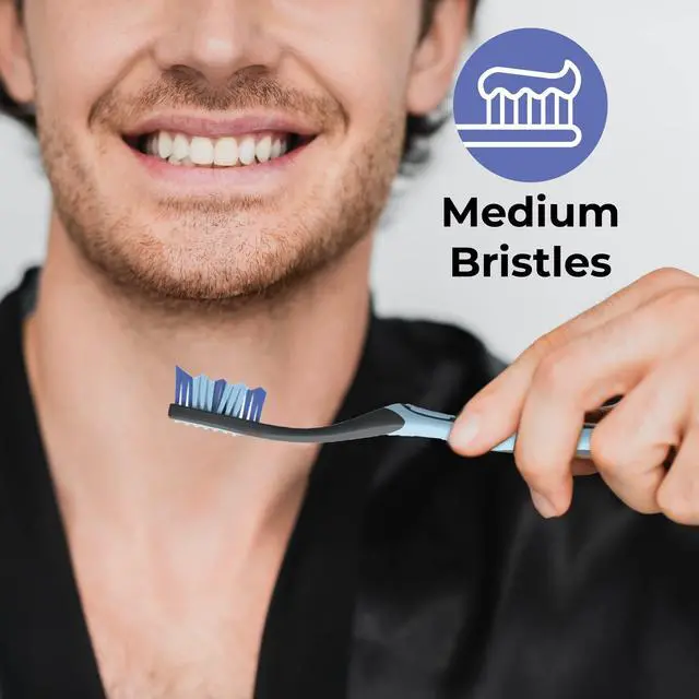 Alt view image 5 of 6 - Essentials Toothbrush with Toothbrush Covers, Multi-Angled Medium Bristles, Contoured Handle, Tongue Scraper, 6 Count