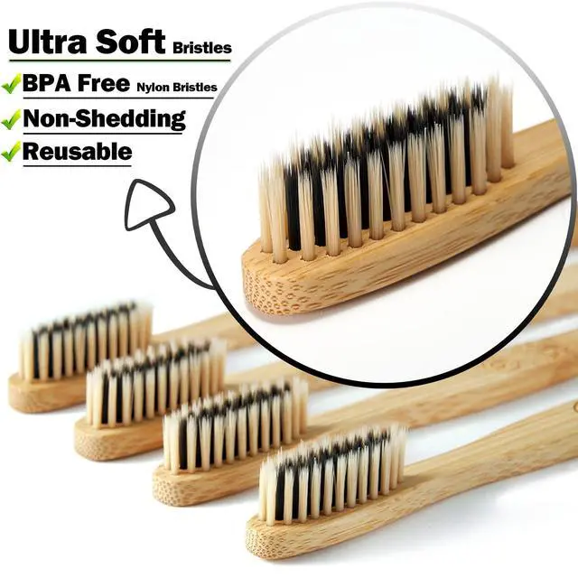 Alt view image 3 of 7 - 20 Count Bamboo Toothbrushes (Soft+Medium), Natural Wood Toothbrush Bulk, Eco-Friendly, BPA Free, Biodegradable & Compostable Charcoal Wooden - Reusable Travel Toothbrushes