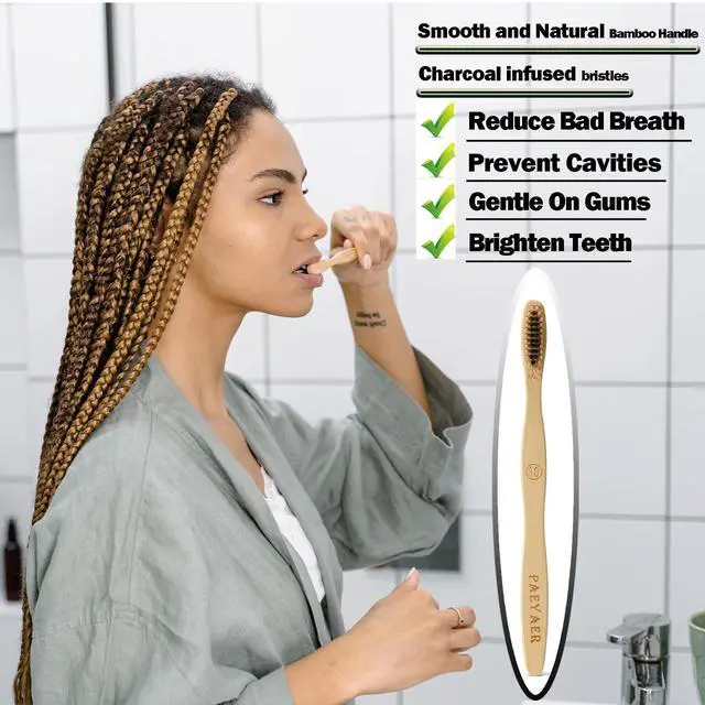 Alt view image 7 of 7 - 20 Count Bamboo Toothbrushes (Soft+Medium), Natural Wood Toothbrush Bulk, Eco-Friendly, BPA Free, Biodegradable & Compostable Charcoal Wooden - Reusable Travel Toothbrushes