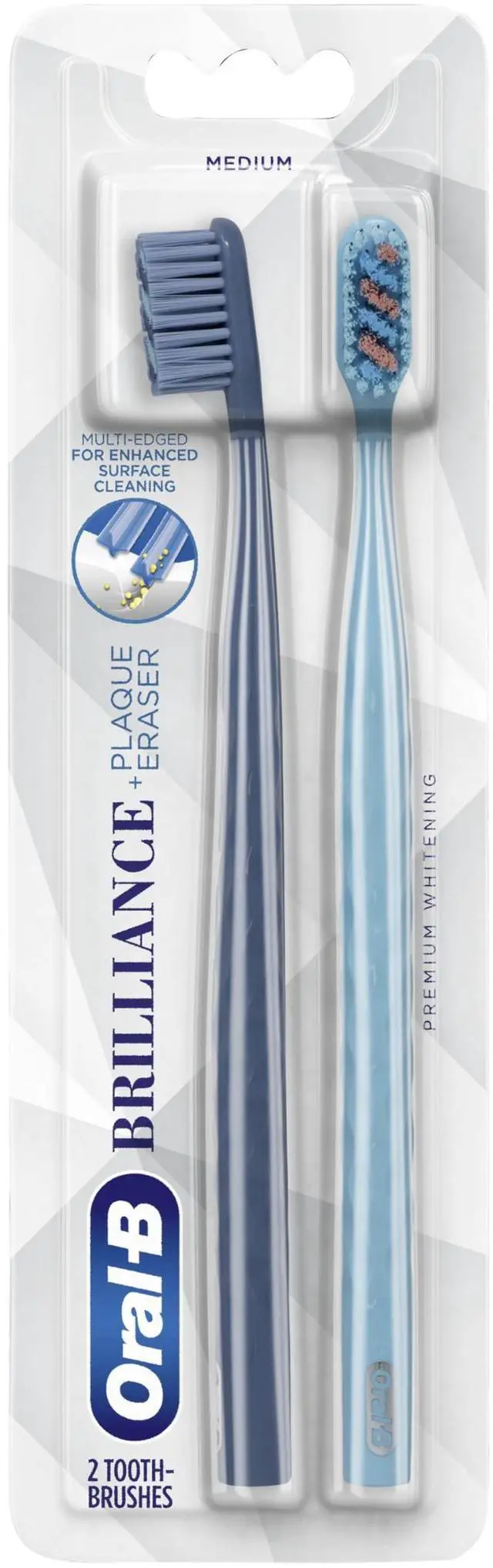 Main image of Brilliance Premium Whitening Toothbrush with Plaque Eraser, Medium, Sky Blue and Gray, 2 Count
