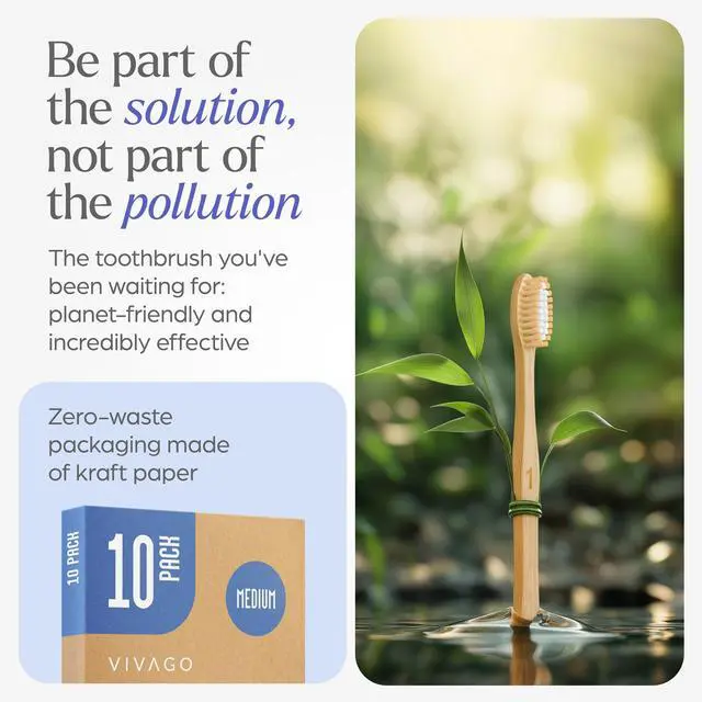 Alt view image 3 of 7 - Bamboo Toothbrushes Medium Bristles 10 Pack - BPA Free Medium Bristles Toothbrushes for Adults - Eco-Friendly, Natural Wooden Toothbrush