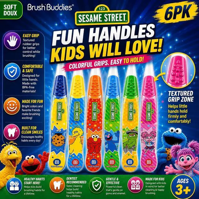 Alt view image 4 of 5 - Sesame Street Toothbrushes for Kids, Soft Bristle Toddler Toothbrushes Ages 2-4, Fun Sesame Street Designs, 6-Count Set