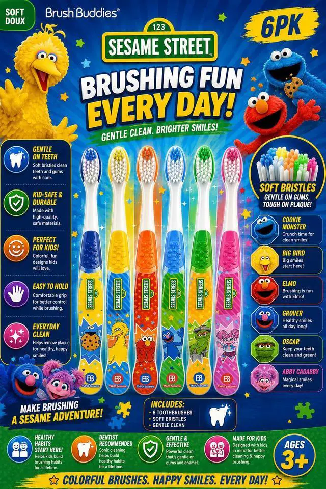 Alt view image 2 of 5 - Sesame Street Toothbrushes for Kids, Soft Bristle Toddler Toothbrushes Ages 2-4, Fun Sesame Street Designs, 6-Count Set