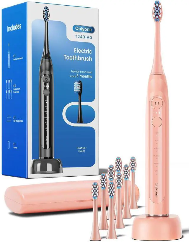 Main image of Electric Toothbrush for Adults, Rechargeable Electric Toothbrush with 8 Brush Heads, Travel Case, Charging Base & Wireless Charging - 5 Modes with Smart Timer, Pink
