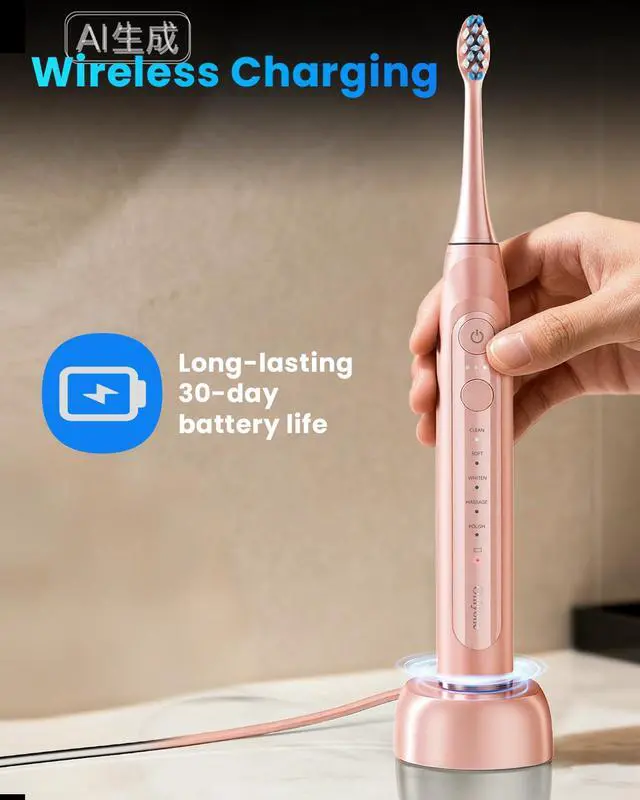 Alt view image 5 of 7 - Electric Toothbrush for Adults, Rechargeable Electric Toothbrush with 8 Brush Heads, Travel Case, Charging Base & Wireless Charging - 5 Modes with Smart Timer, Pink