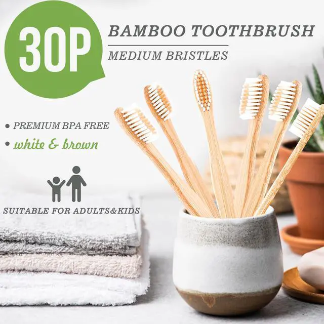 Alt view image 2 of 7 - PCS Bamboo Toothbrushes Pack, BPA Free Medium Soft Bristles Toothbrushes for Adults, Eco-Friendly Natural Wooden Toothbrush Bulk, Box of Two Reusable Travel Toothbrush