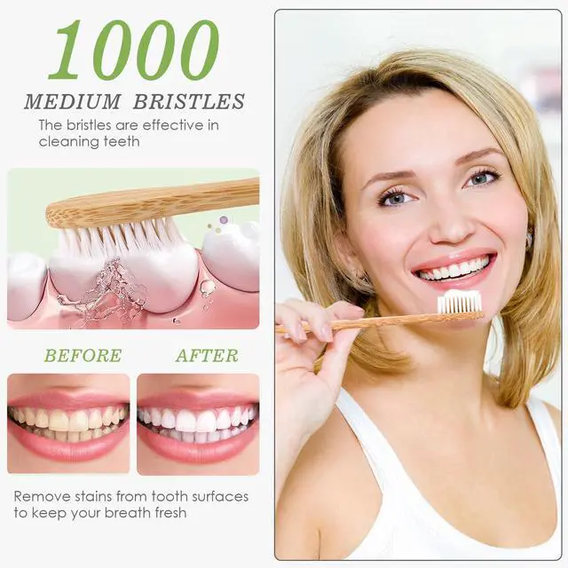 Alt view image 5 of 7 - PCS Bamboo Toothbrushes Pack, BPA Free Medium Soft Bristles Toothbrushes for Adults, Eco-Friendly Natural Wooden Toothbrush Bulk, Box of Two Reusable Travel Toothbrush