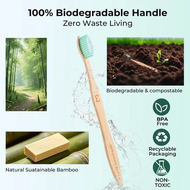 Alt view image 4 of 7 - Bamboo Toothbrushes, Natural Bristles Plastic Free Toothbrush, Non Toixc Wooden Organic Toothbrushes, Bamboo Tooth Brush Soft, Biodegradable All Natural Toothbrush for Adults