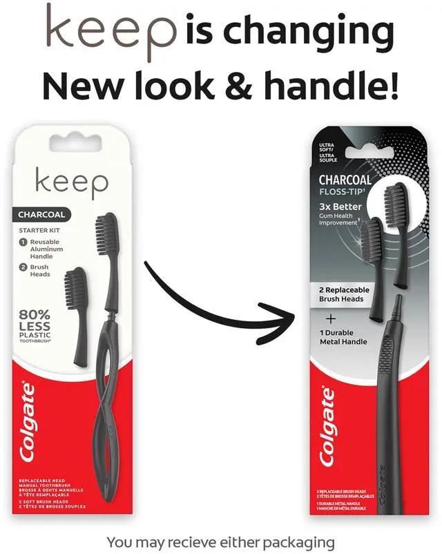 Alt view image 2 of 7 - Keep Charcoal Replaceable Head Toothbrush Starter Kit, 2 Brush Heads