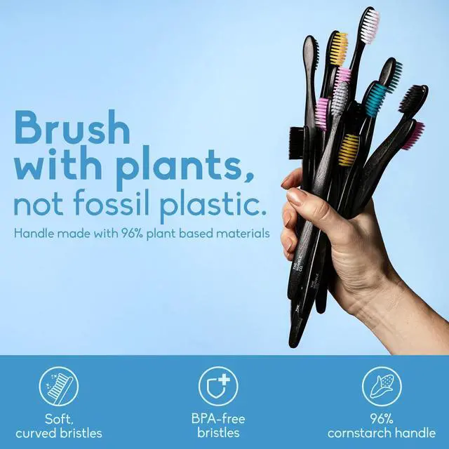 Alt view image 2 of 6 - Plant-Based Soft Bristle Toothbrushes, 5 Pack - Manual Tooth Brush Set for Adults - Made with Plant Based Materials & BPA-Free Bristles - Dental Oral Care & Hygiene