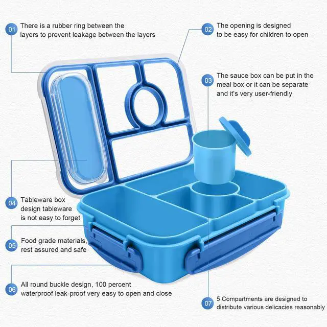 Alt view image 2 of 7 - Bento Box Adult Lunch Box Kids,Lunch Containers for Adults/Kids/Toddler,5 Compartments Bento Lunch Box with Sauce Vontainers,Microwave & Dishwasher & Freezer Safe,BPA-Free (Blue)