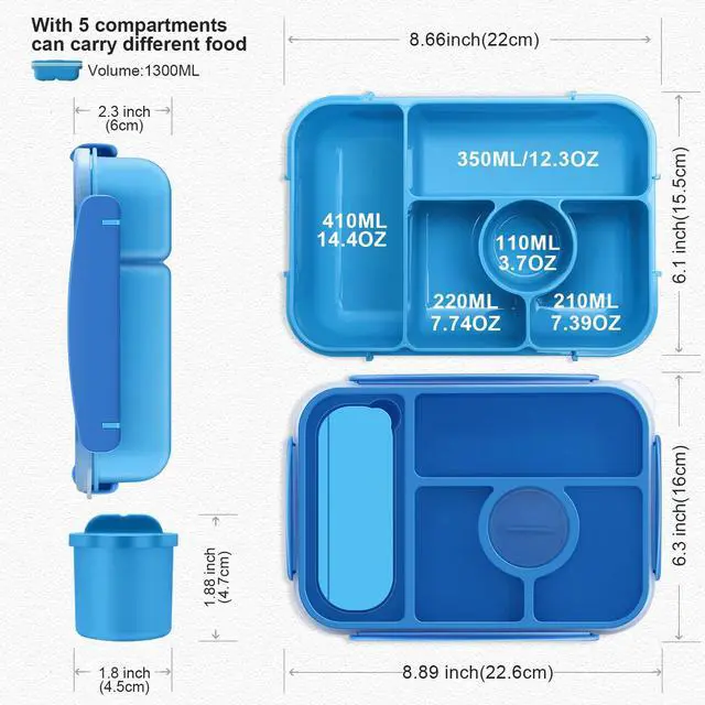 Alt view image 4 of 7 - Bento Box Adult Lunch Box Kids,Lunch Containers for Adults/Kids/Toddler,5 Compartments Bento Lunch Box with Sauce Vontainers,Microwave & Dishwasher & Freezer Safe,BPA-Free (Blue)