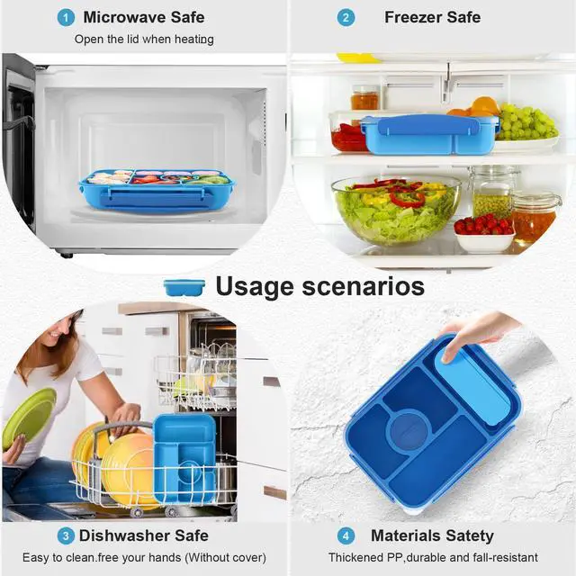 Alt view image 6 of 7 - Bento Box Adult Lunch Box Kids,Lunch Containers for Adults/Kids/Toddler,5 Compartments Bento Lunch Box with Sauce Vontainers,Microwave & Dishwasher & Freezer Safe,BPA-Free (Blue)